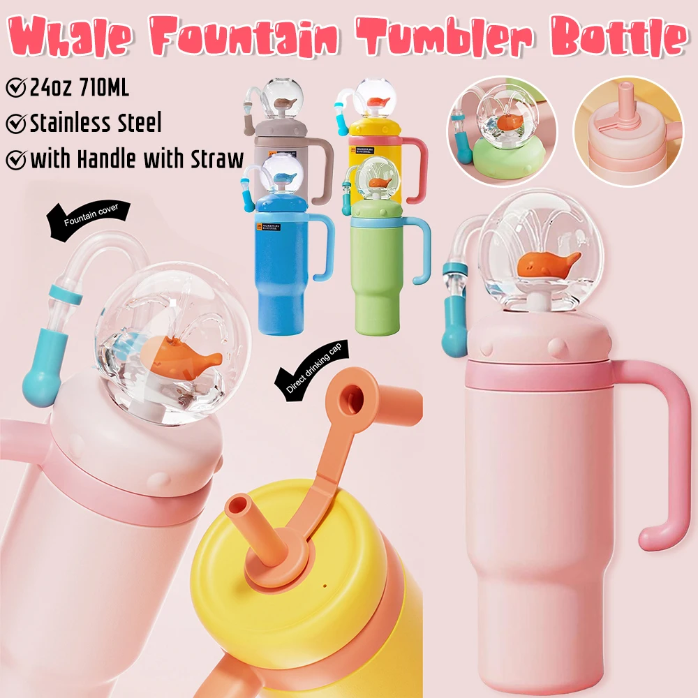 710 ml Edelstahl-Walbrunnenbecher mit Griff, auslaufsicherer Wal-Squirt-Trinkbecher, Wasserflasche mit Strohhalm, kreativ Image