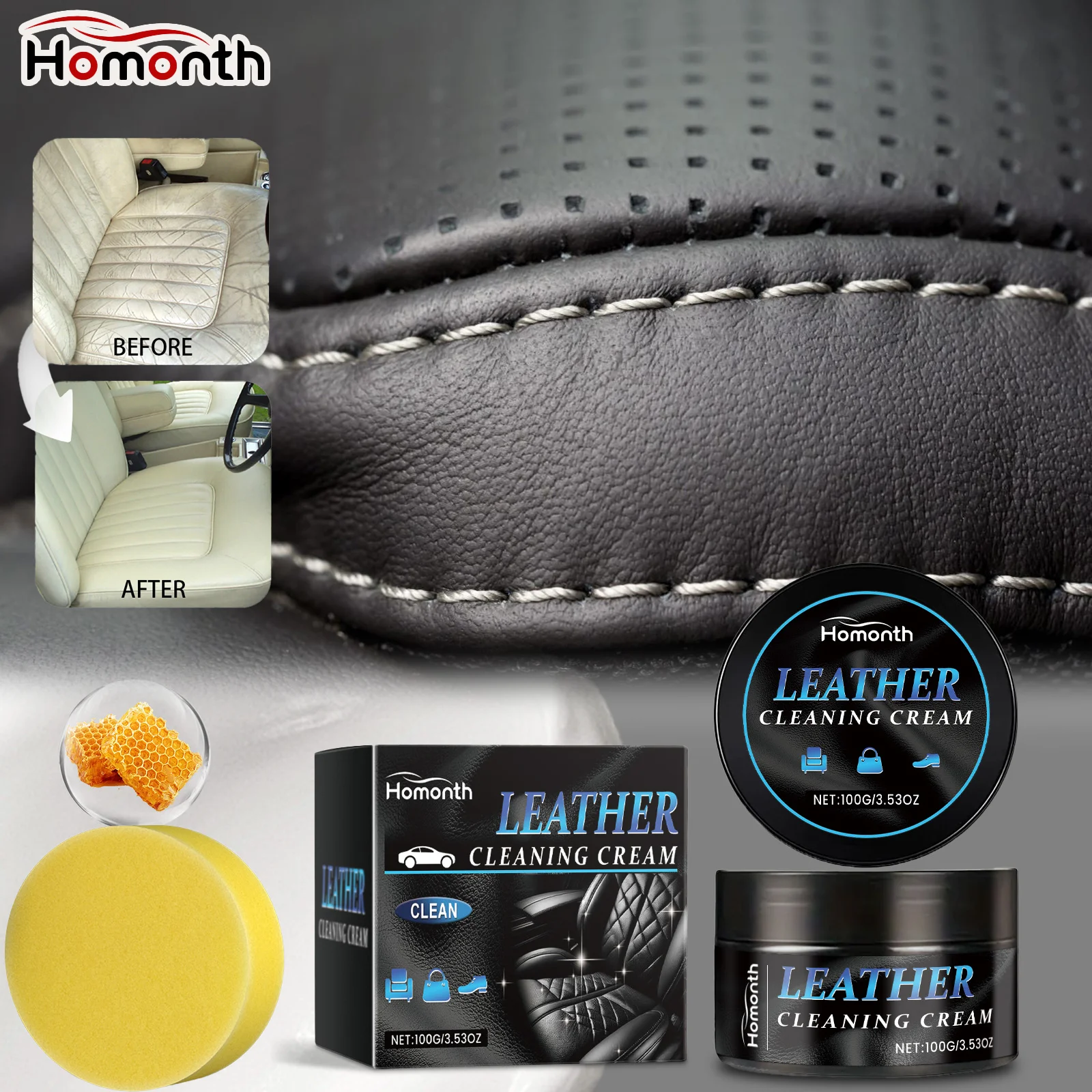 Auto-Lederpflegepaste, All-in-One-Reiniger, Politur mit Kokosöl, Lanoline für Autozitze, Vinyl-Kunststoff-Oberflächenrestaurator Image