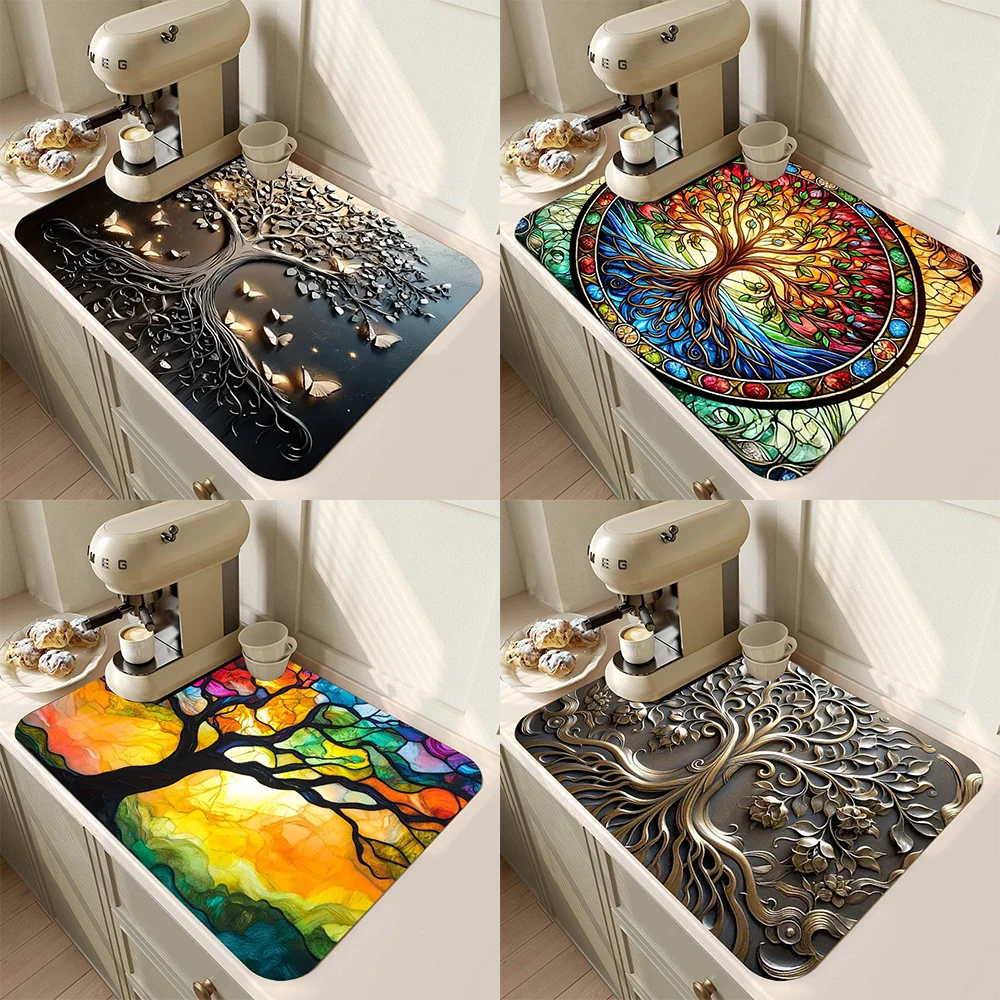 Baum des Lebens Gedruckt Geschirr Trocknen Matte Ablauf Pad Rutschfeste Super Saugfähige Kaffeemaschine Matte Küche Tisch Hof Dekor Image