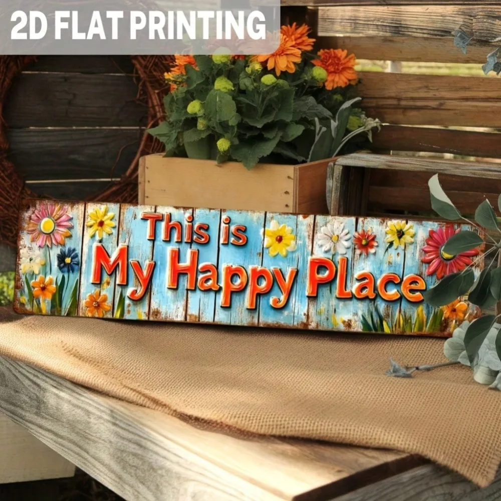 HappyPlaceFloralVintage 3,93 x 15,74 Zoll Metallschild „This Is My Happy Place“ – leuchtendes, florales, rustikales Veranda-Dekor für den Innen- und Außenbereich Image