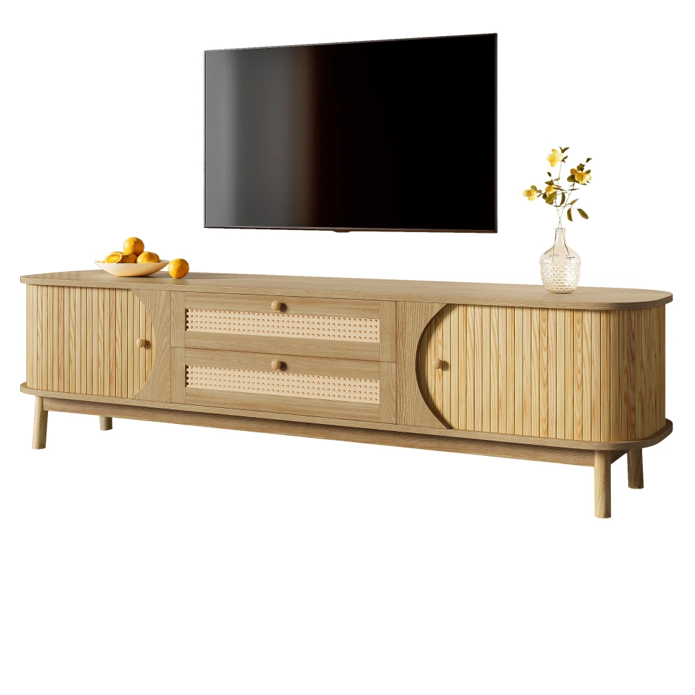 Meuble TV Meuble TV en mélange de bois naturel avec portes et tiroirs Meubles TV avec côtés en rotin. Solution de stockage Naturelle