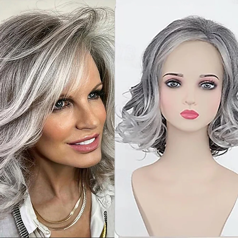 HAIRJOY Kunsthaar, mittelgrau, gewellt, Bob-Perücken für Damen, grau bis weiß, geschichtete Perücke, alte Damen-Perücke für tägliches Party-Kostüm Image