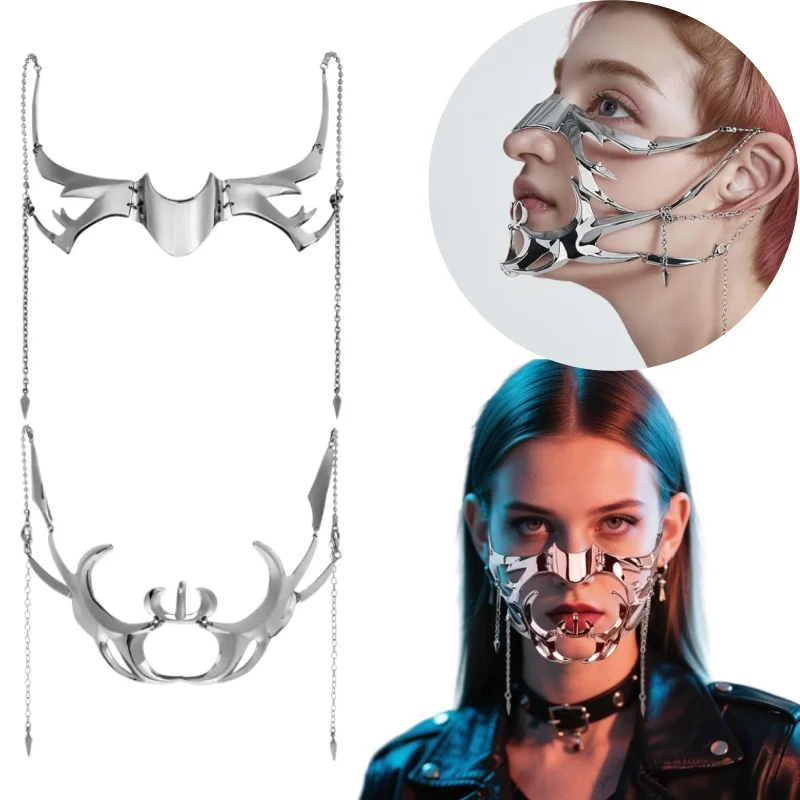 Metall Cosplay Masken Unisex Unregelmäßiger Schmuck Gesichtskette Silber Stahl Cyberpunk Kostüm für Damen Herren Musik Festival Zubehör Image