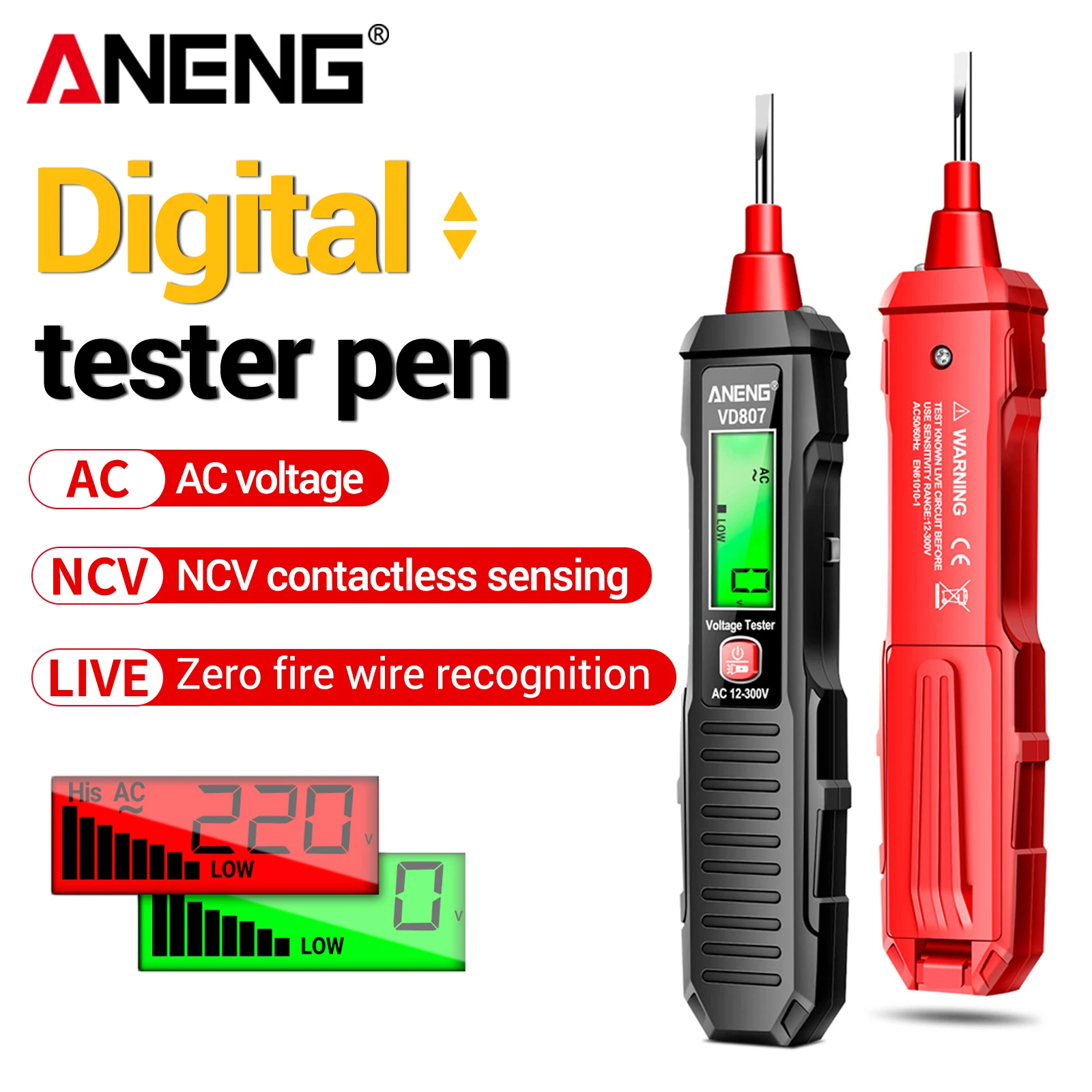 ANENG VD807 berührungsloser Messstift 12-300V mit Ton- und Lichtalarm, Nullleiter-Erkennung, LED-Beleuchtung, Elektriker-Prüfstift Image