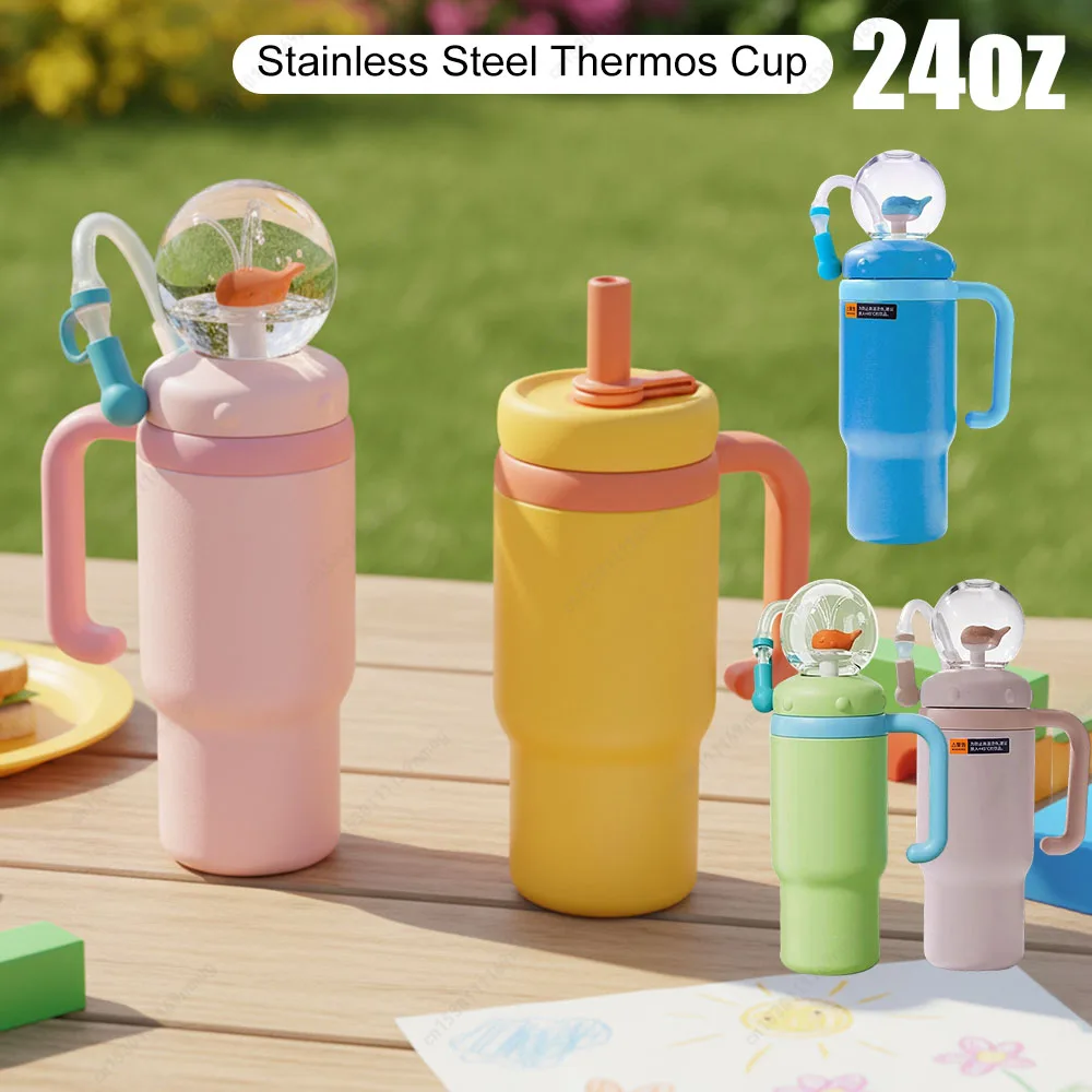 24oz Kinder isolierter Strohhalmbecher niedlicher Cartoon-Staubsauger mit Griff Wal-Dekor auslaufsichere Kinder-Wasserflasche für den Außenbereich Image