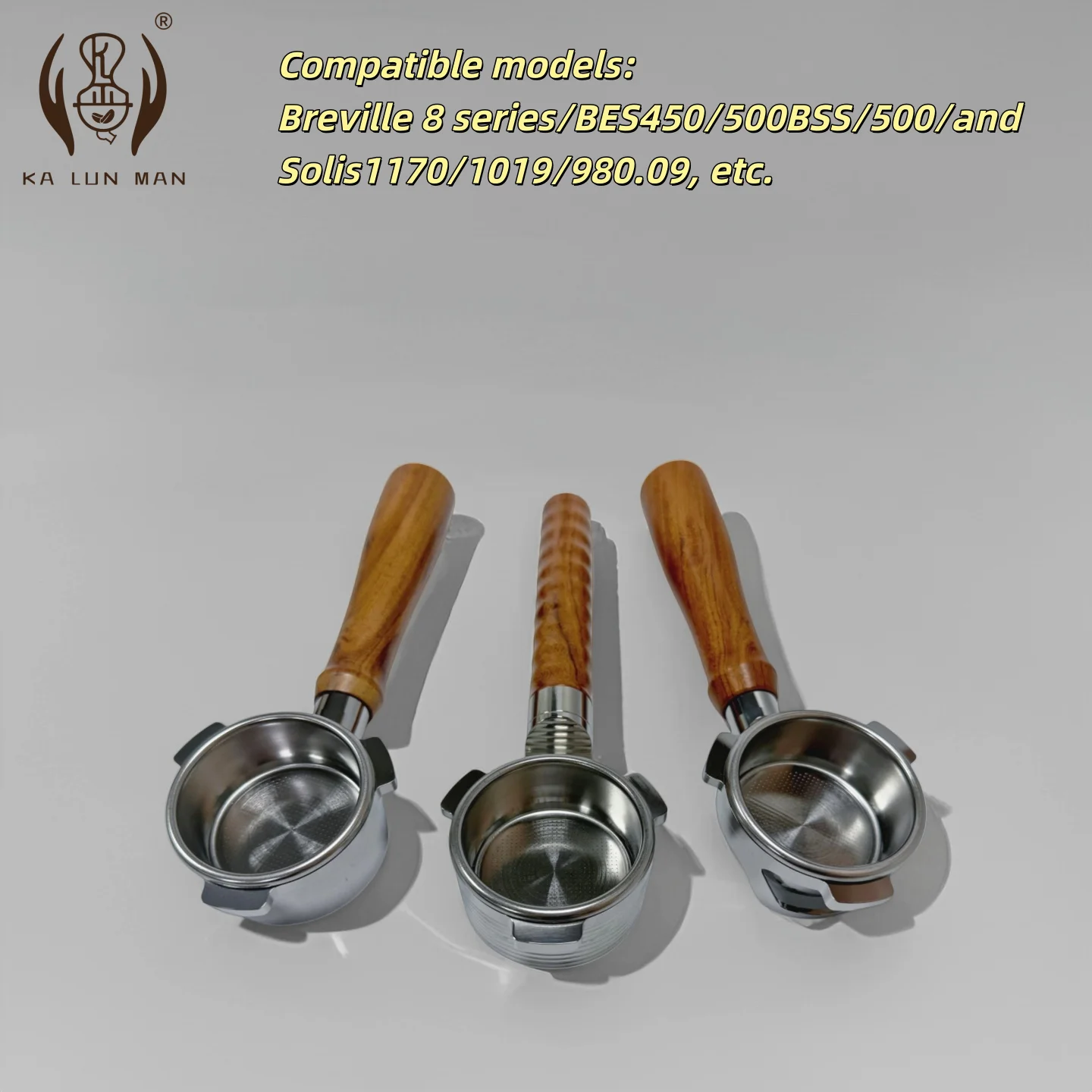 1 Stück Espresso-Siebträger ohne Boden/304 Edelstahl/54 mm/Rosenholzgriff/abnehmbar/geeignet für Breville 8 Modell Image