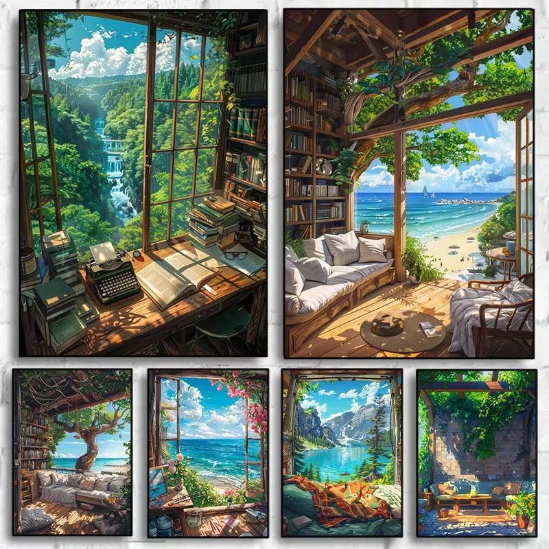 Moderne Cartoon Meer Cottage Sommer Landschaft Poster Küsten Villa Strand Leben Leinwand Malerei Wand Kunst Wohnzimmer Wohnkultur