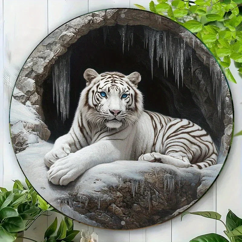 Vintage-Wandkunst aus weißem Tiger-Metall – rustikale Heimbar-Dekoration, 20,3 cm runder 2D-Druck für Party, keine Strommontage Image