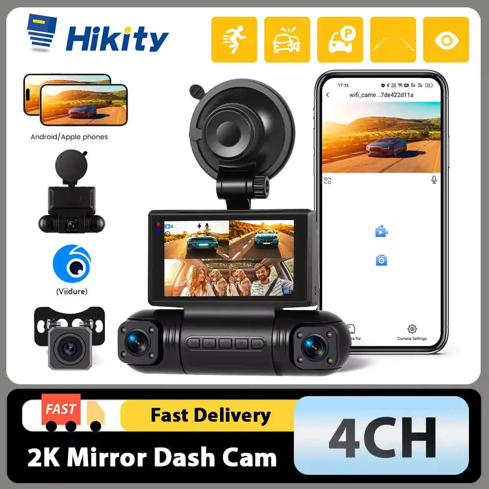 Caméra embarquée Hikity Dash Cam 2K 3 pouces avec Wi-Fi intégré, enregistrement en boucle, détection de gravité, DVR, vision nocturne, enregistreur vidéo