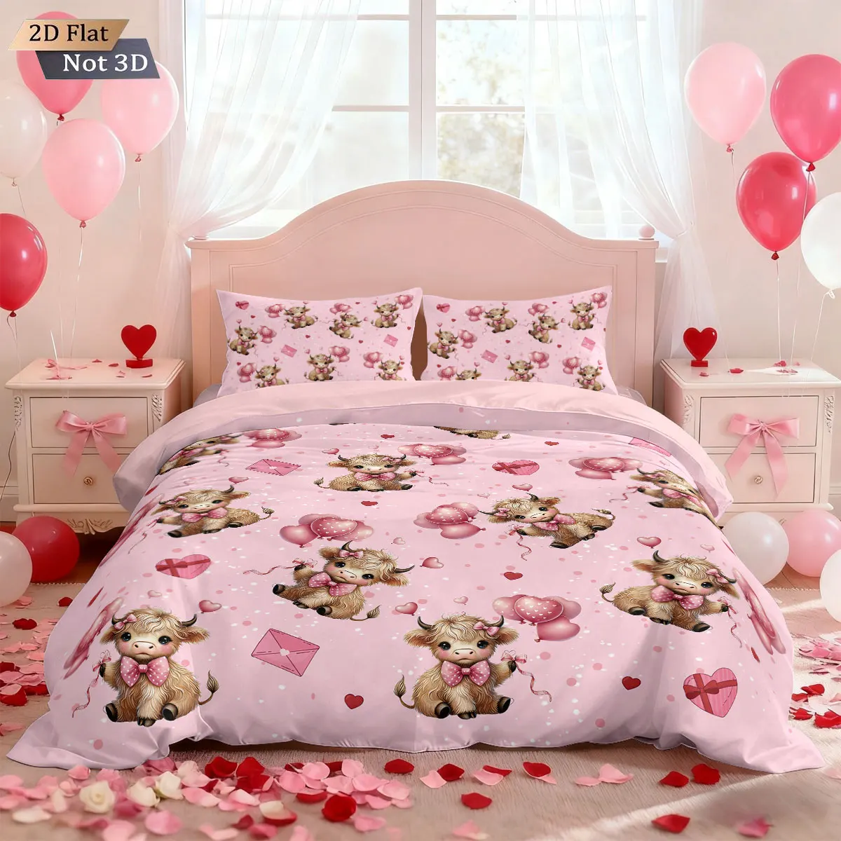 3-teiliges Valentinstag-Bettbezug-Set mit romantischem Highland-Kuh-Aufdruck, verschiedene Größen, Schlafzimmer-Bettwäsche, Dekoration, maschinenwaschbar Image