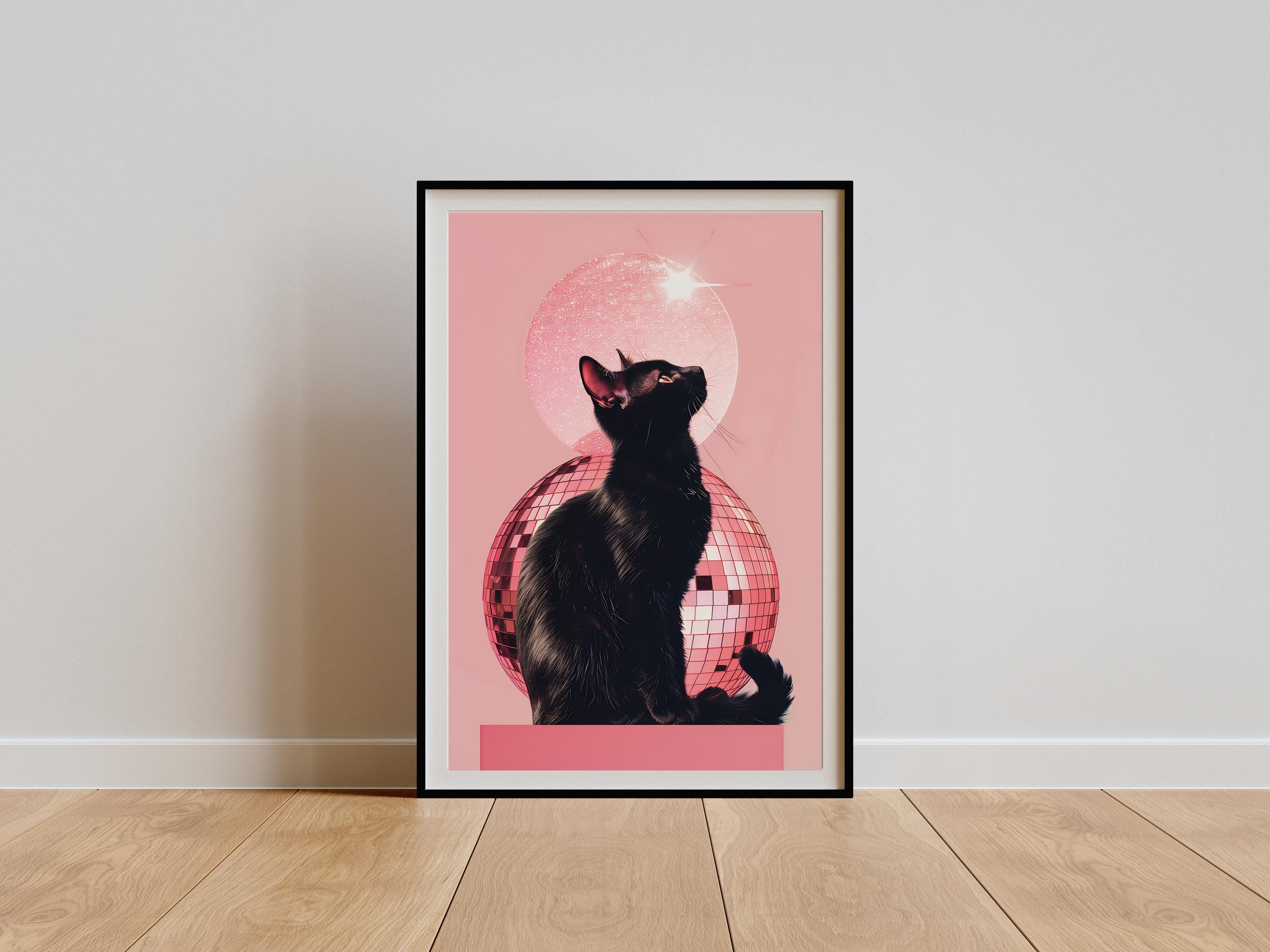 Poster con palla da discoteca con gatto nero, stampa disco anni '70, decorazione da parete con gatto retrò e funky, collage accattivante, arte di luss
