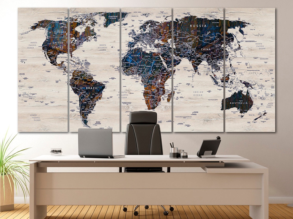 Elegante mappa del mondo su tela Carte du monde en français Decorazione mappa in legno Grande mappa del mondo Arte di viaggio Mappa su tela con puntin