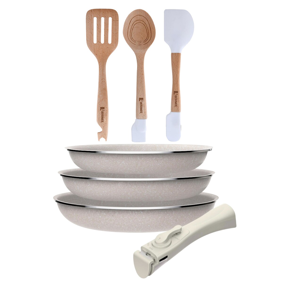 BERGNER - Set 3 Pfannen Ø18/20/24cm aus gepresstem Aluminium Antihaftbeschichtung mit abnehmbarem Griff mit Set 3 Utensilien aus Silikon und Holz Image