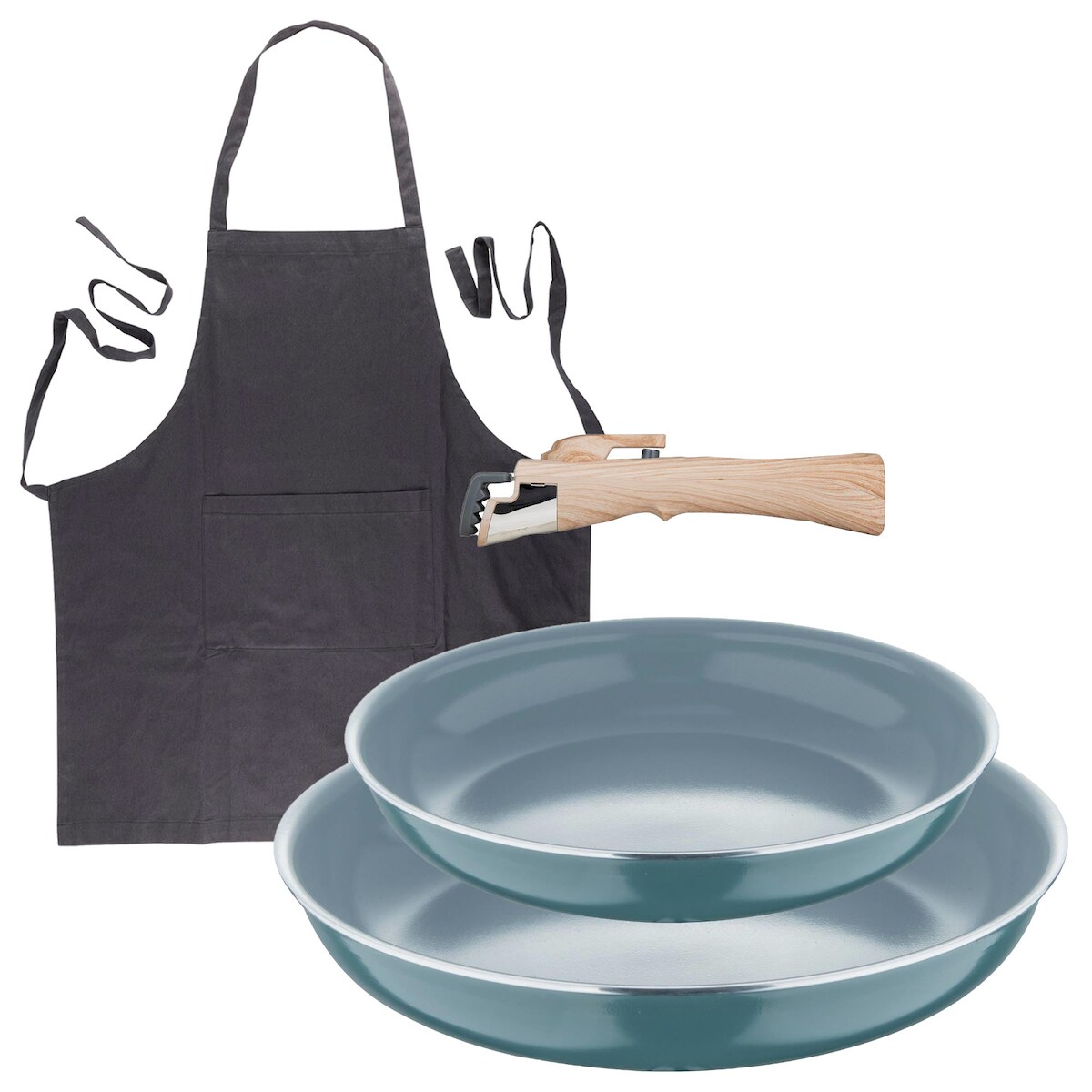 BERGNER - Set 2 Pfannen Ø22/26cm gepresstes Aluminium Grün geeignet für Induktion mit abnehmbarem Griff mit Kochschürze Dunkelgrau 100% Baumwolle Image