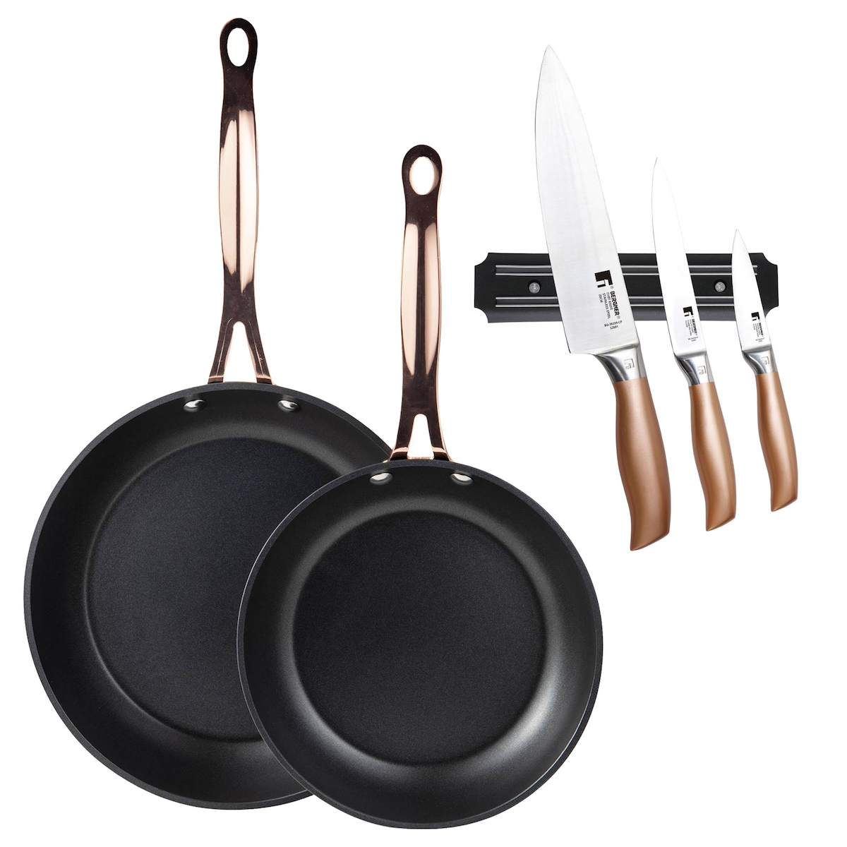 BERGNER - Set aus 2 Pfannen Ø20/24 cm aus geschmiedetem Aluminium Schwarz Matt mit Set aus 3 Edelstahlmessern mit magnetischer Wandhalterung Image
