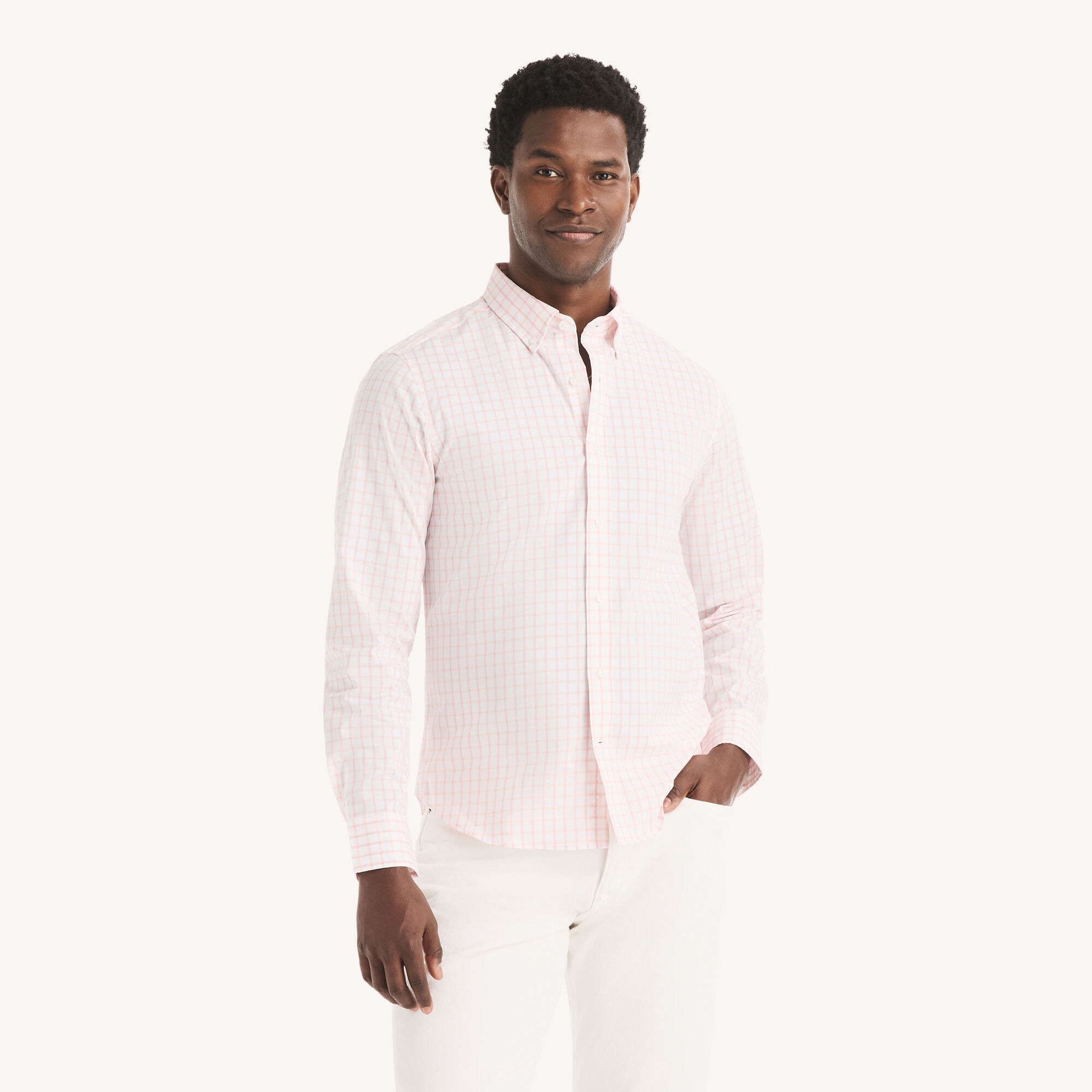 Nautica Men's Slim Fit Wrinkle-Resistant Plaid Shirt 661 (Cabana Pink), L