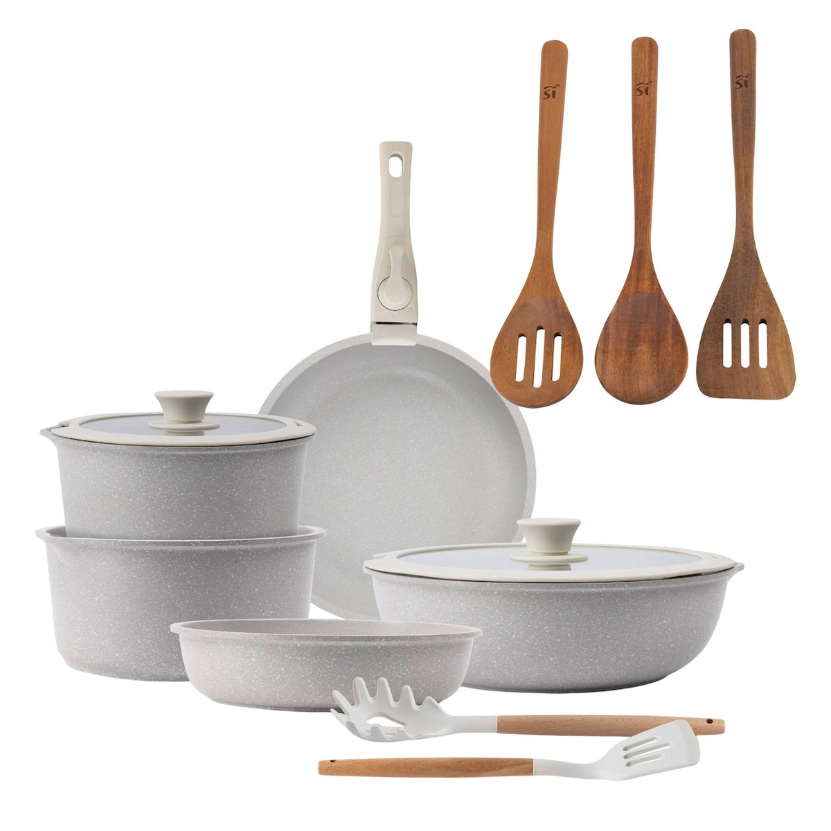 Bergner – 10-teiliges Kochgeschirr-Set aus Aluminiumguss mit Antihaftbeschichtung, abnehmbarem Griff und 3 Küchenutensilien aus Akazienholz Image