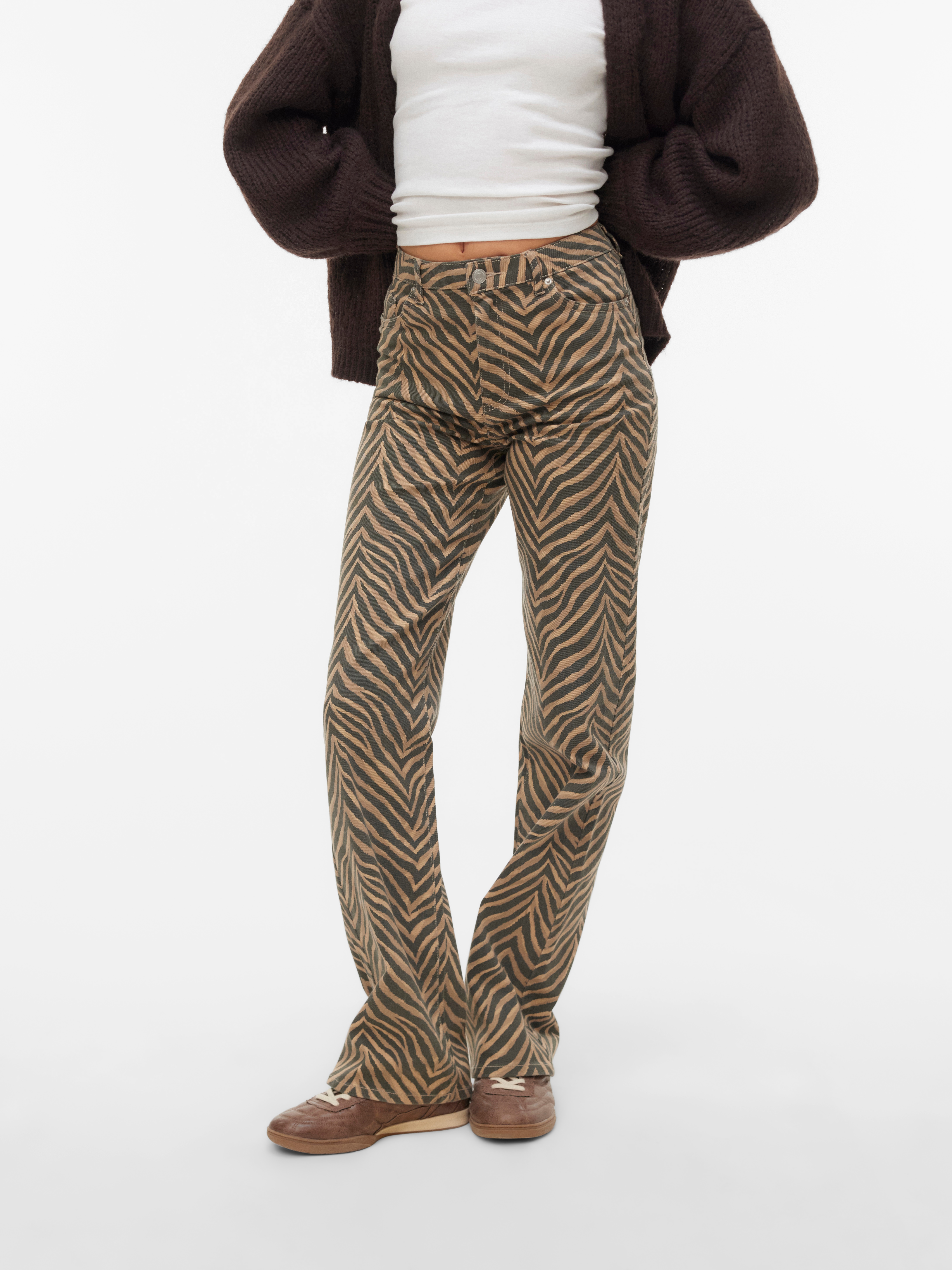 High-waist-Jeans VERO MODA "VMTESSA HR WIDE STRETCH AOP JEANS NOOS", Damen, Gr. 29, Länge 30, silber mink aop:zebra, Denim/Jeans, Obermaterial: 97% Baumwolle, 3% Elasthan, animal-print, bedruckt, oversize lang, Jeans High-Waist-Jeans