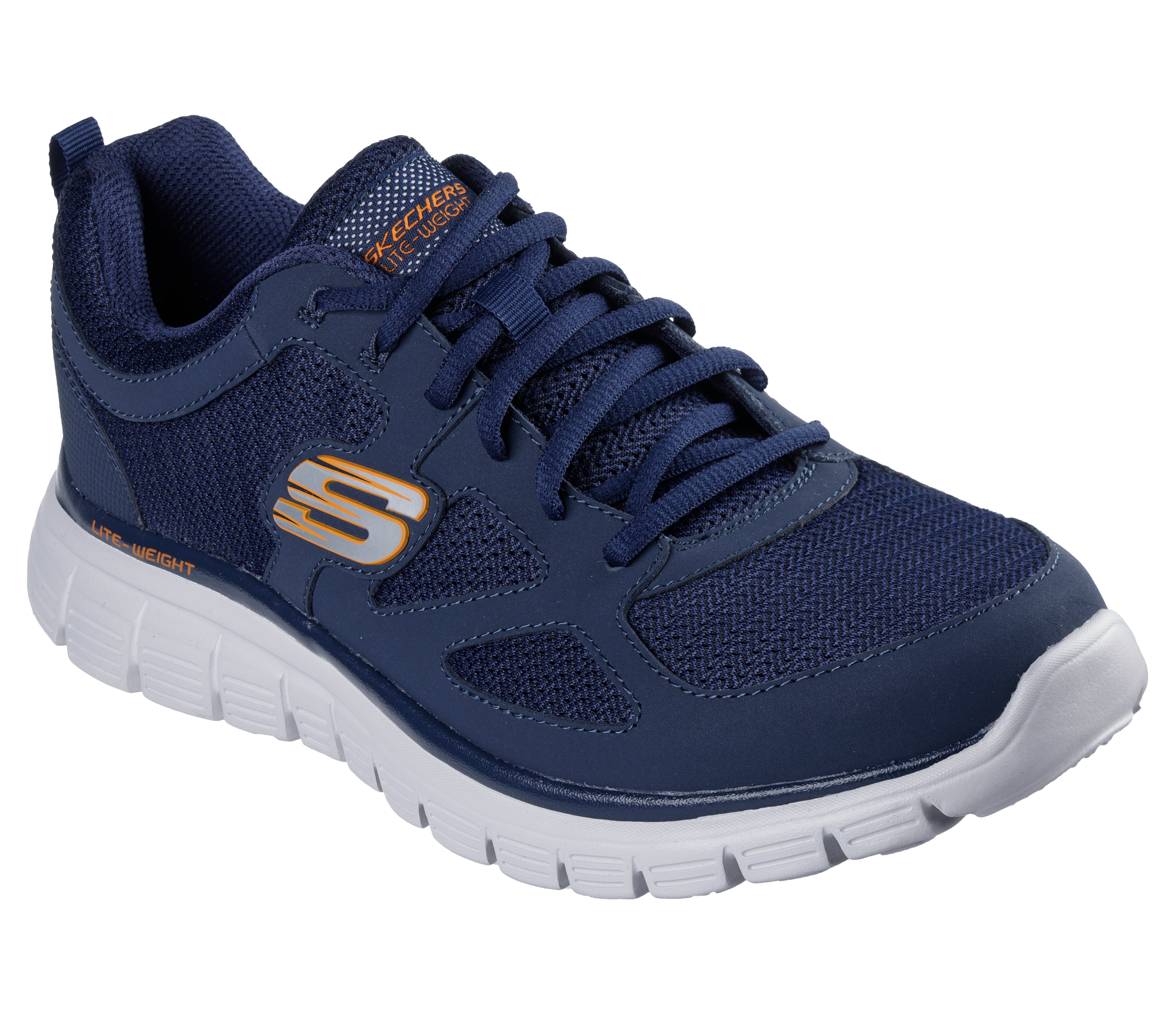 Sneaker SKECHERS "BURNS-AGOURA", Damen, Gr. 45, navy, orange, Leder, Textil, kontrastfarbene Details, Schuhe Sneaker, Schnürschuh, Sportschuh mit Memory Foam