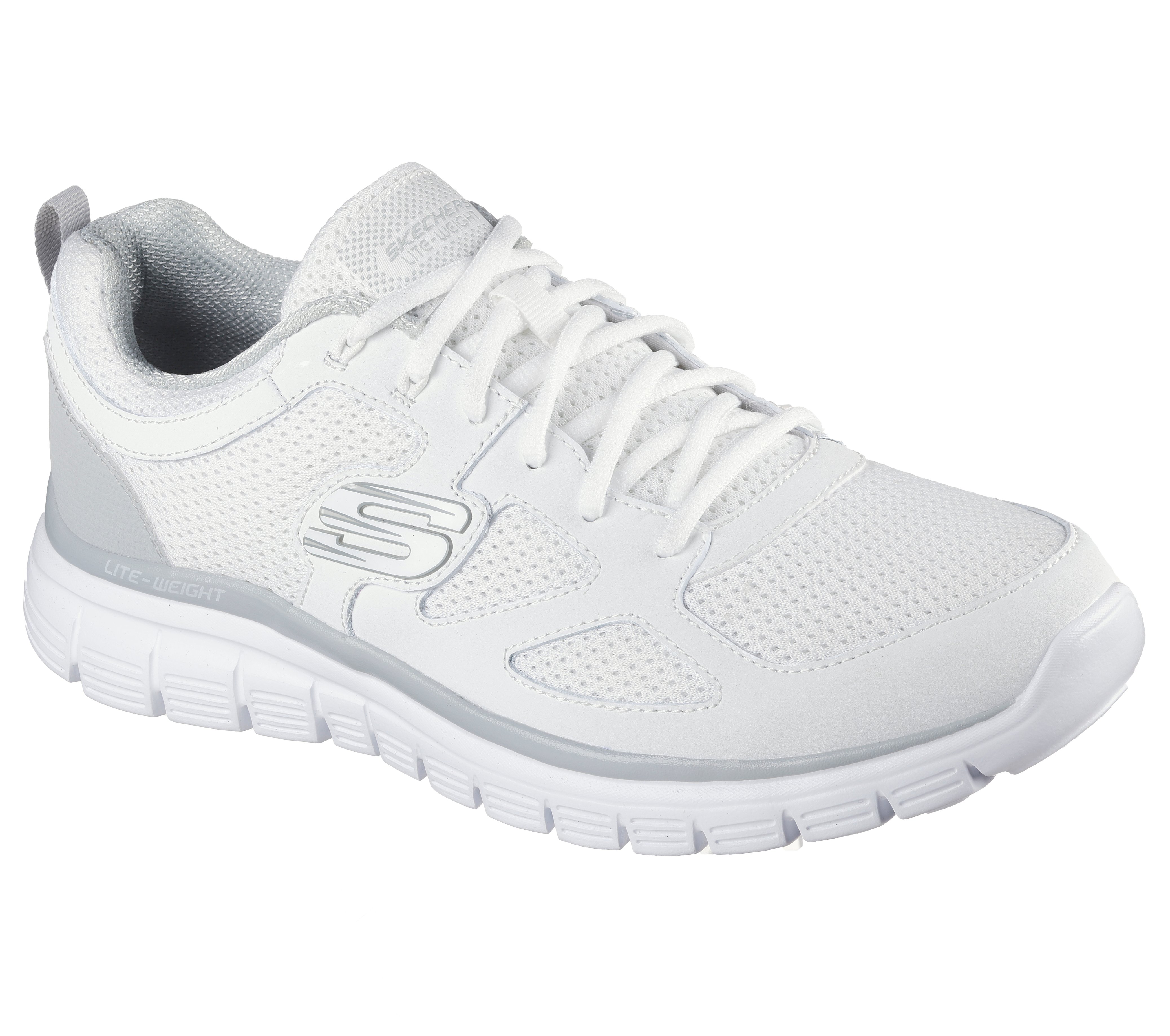 Sneaker SKECHERS "BURNS-AGOURA", Damen, Gr. 45, weiß, grau, Leder, Textil, kontrastfarbene Details, Schuhe Sneaker, Schnürschuh, Sportschuh mit Memory Foam