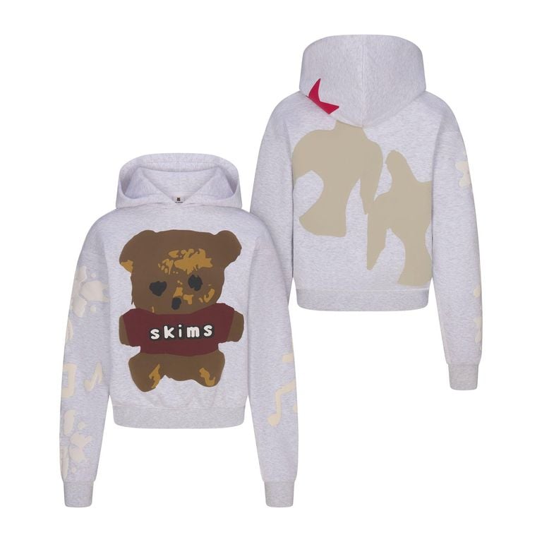 Cotton Fleece Hoodie Light Heather Teddy Bear Print - White - Skims Sweats
