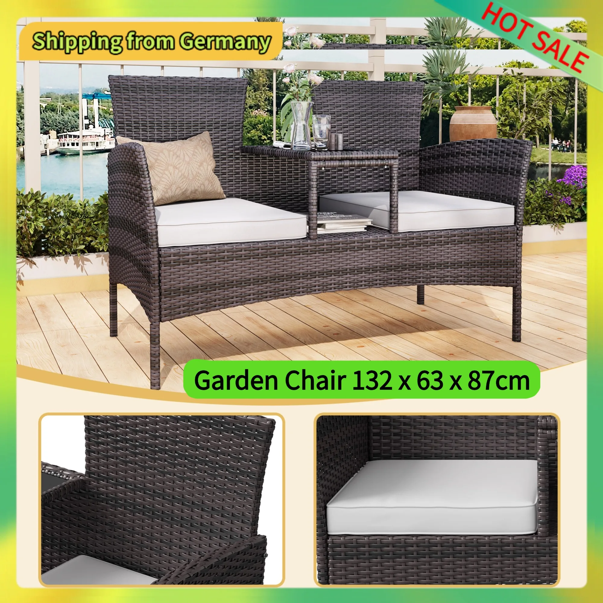 Comanlai Banc de jardin en rotin de 132 cm avec coussin, chaise de jardin 2 places imperméable, canapé de jardin pour balcon 132 x 63 x 87 cm, marron