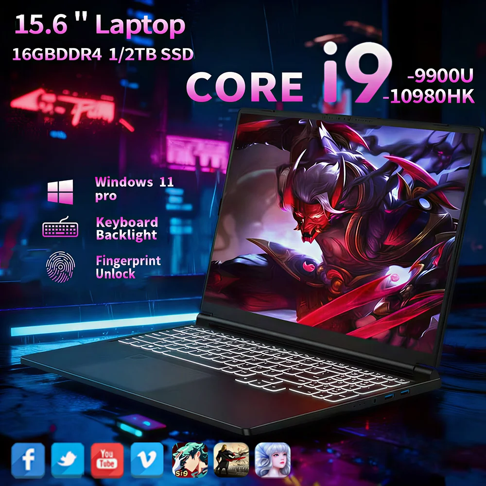 15.6" Laptop Computer Windows 11 Core i9-10980HK PC Gamer 16GB RAM Fingerprint Unlock Notebook Laptops Backlight Study Computer