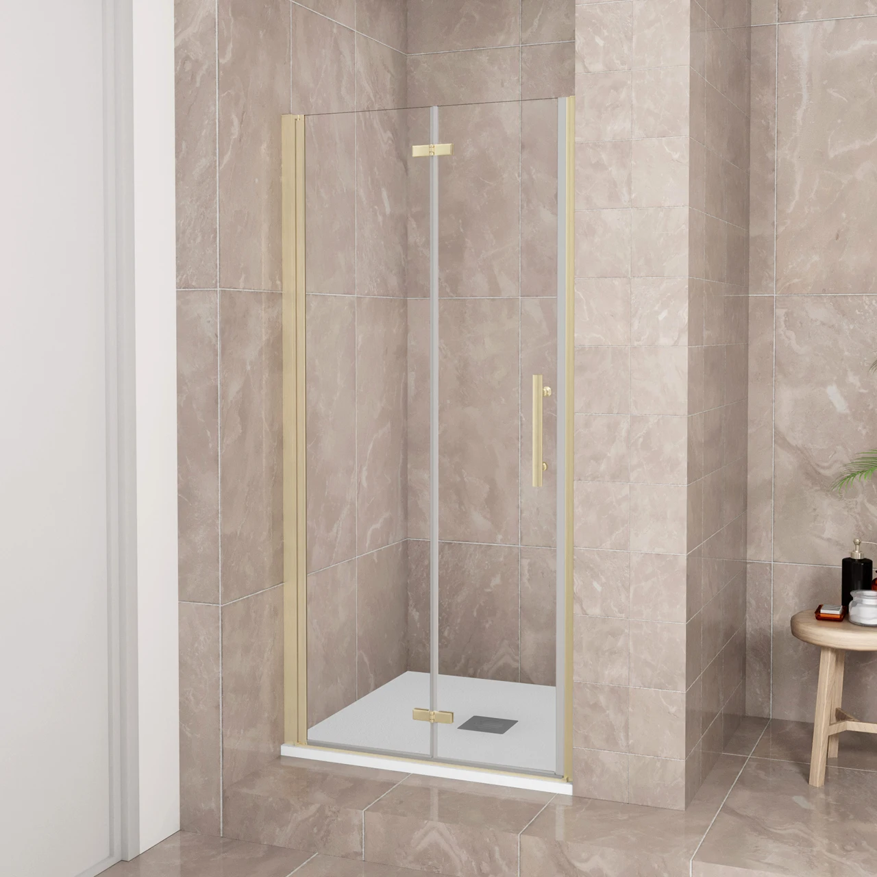 Porta Doccia 70/80/90/100/110/120 x 185 cm Porta Battente Pieghevole in Vetro Temperato Trasparente 6 mm Anticalcare Telaio Dorato Spazzolato