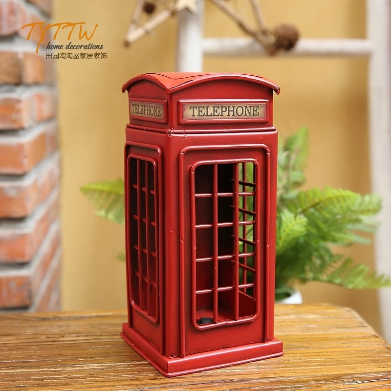 ‌Antique London Double Decker Bus & Vintage Phone Replica - Handmade Iron Desk Ornaments for British Theme Home Decor Collection