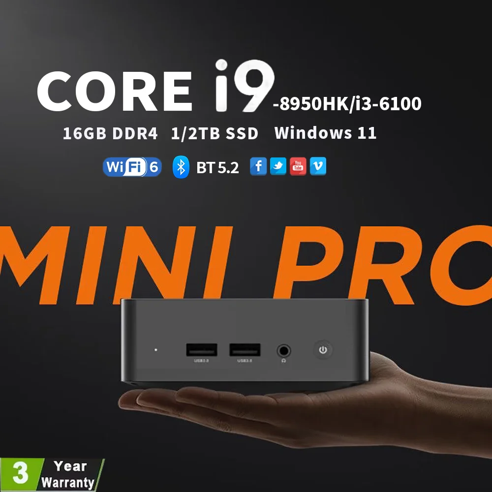 Mini PC Windows 11 Pro Core i9 8950HK/i3-6100 16GB DDR4 1TB SSD PC Gamer Computer Dual WIFI 6 BT5.2 4K HD Mini Gaming Pc Desktop