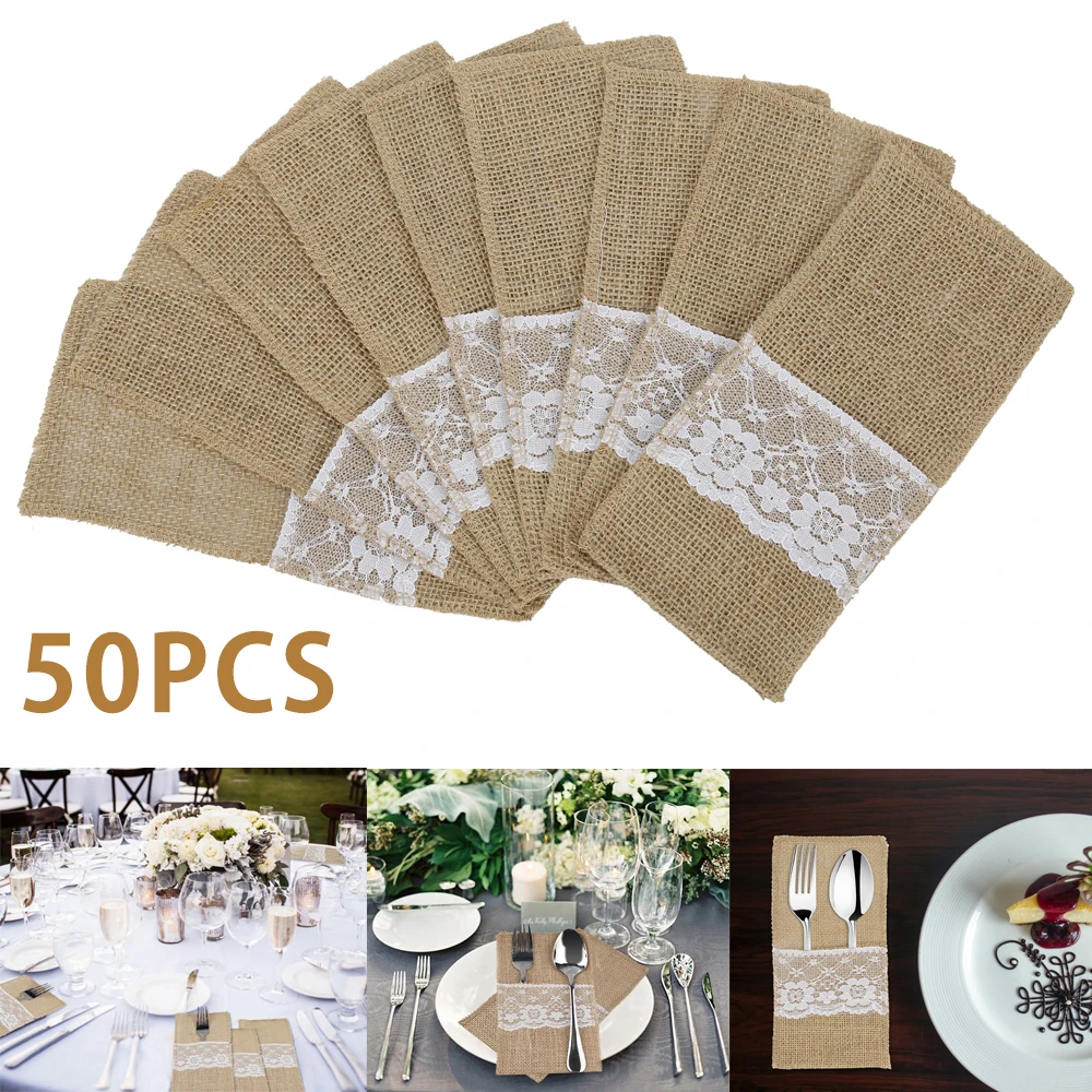 50 Stück Sackleinen-Spitzen-Besteckbeutel, Hochzeit, Geschirr, Partyzubehör, Halter, Tasche, Sackleinen, rustikale Jute, Tischdekoration, Zubehör