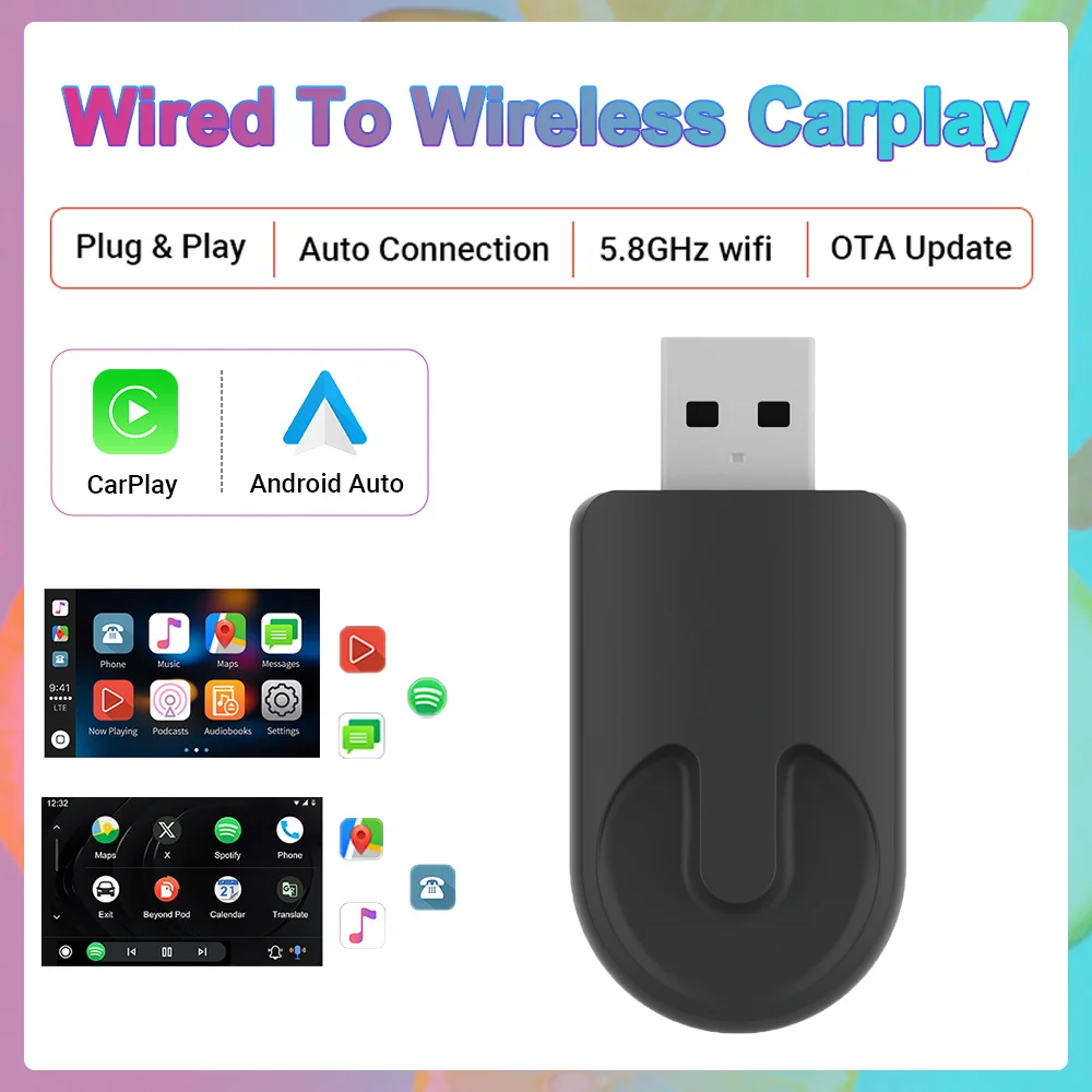 Neuer kabelgebundener zu kabelloser CarPlay Android Auto 2in1 Mini-Adapter WiFi. Geeignet für 99 % der original kabelgebundenen Carplay/Auto-Autos. Carplay Image