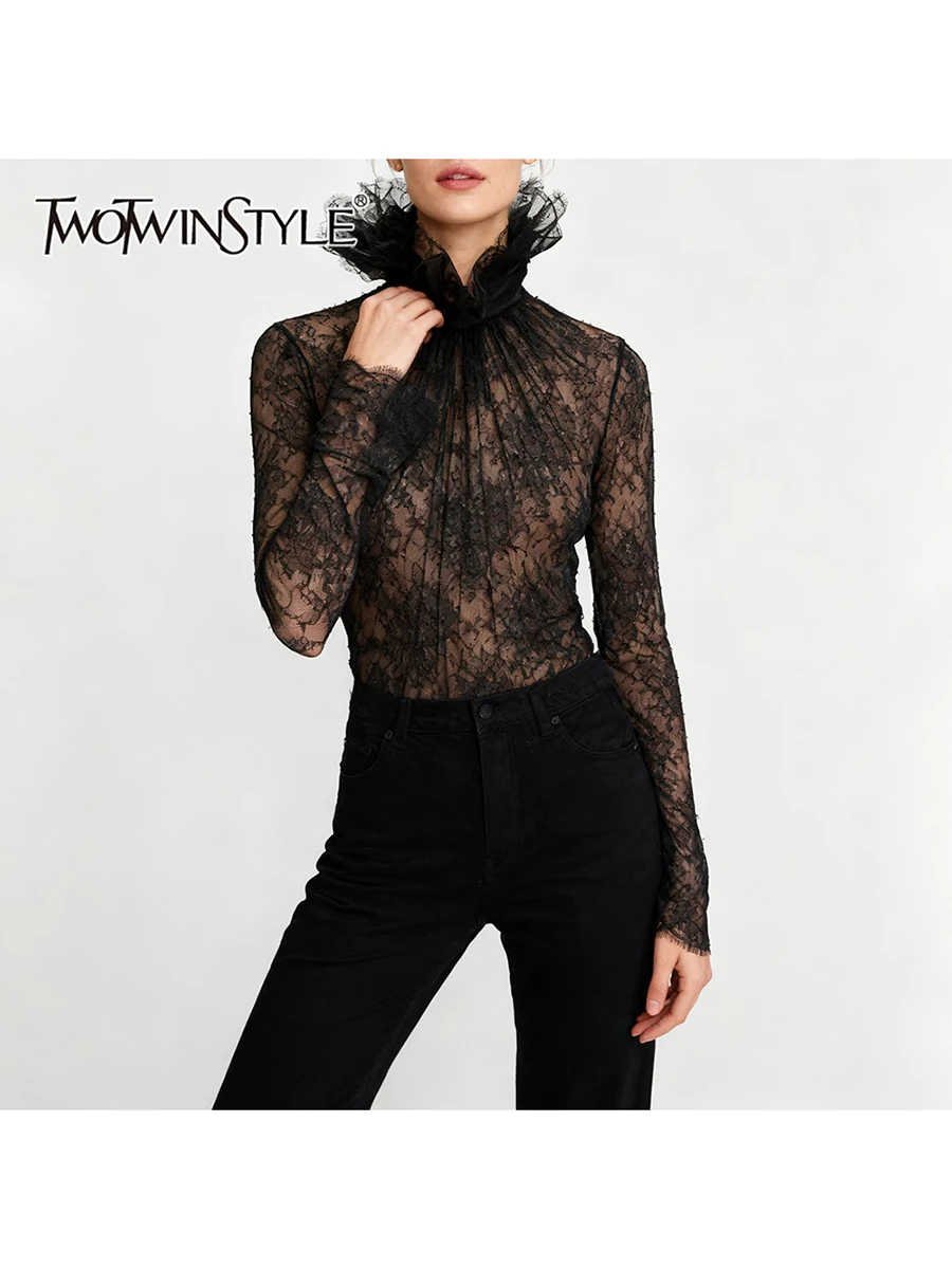 TWOTWINSTYLE Slimming Sheer Spliced Lace Sexy Blouses for Women High Neck Long Sleeves Patchwork Shirring Blouse Female Clothing