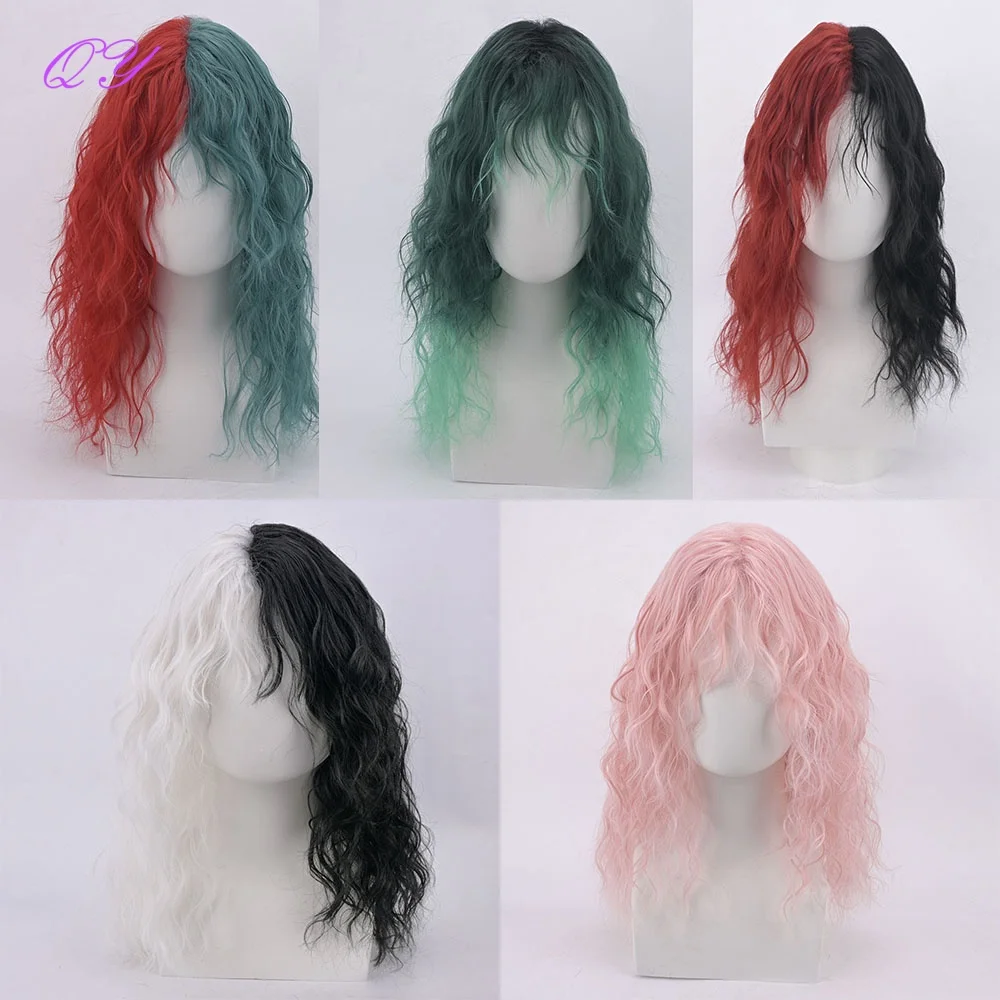 18-Zoll-Wellenlocken, rot, schwarz, rosa, grün, mit Pony, synthetische Cosplay-Perücke, geeignet für Damen, Versammlungen oder Kostüm-Cosplay Image