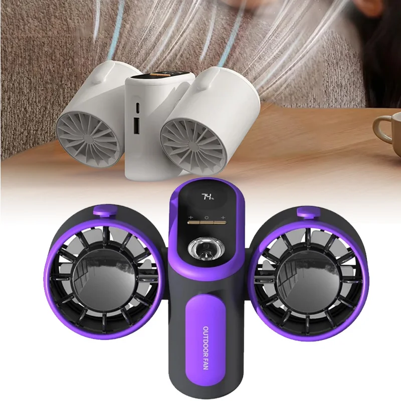 Tragbarer Doppelkopf-Campingventilator mit LED-Licht und intelligentem Display – Mini-Ventilator mit hängender Taille für Outdoor-Sport, Büro, Schlafzimmer Image