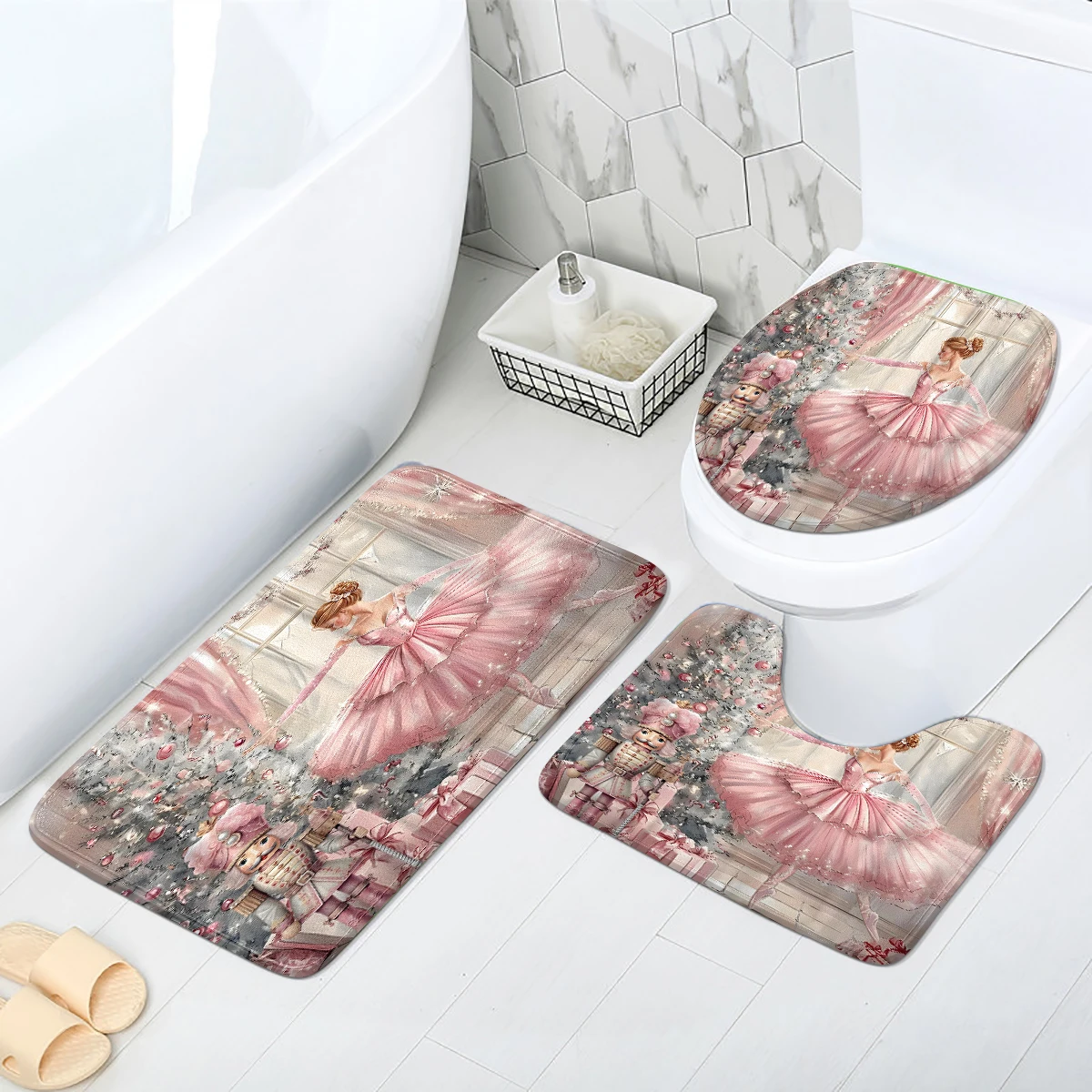 Eine Weihnachts-Balletttänzer-Toilettenmatte kann einzeln oder als Set für Badezimmerteppiche gekauft werden Image
