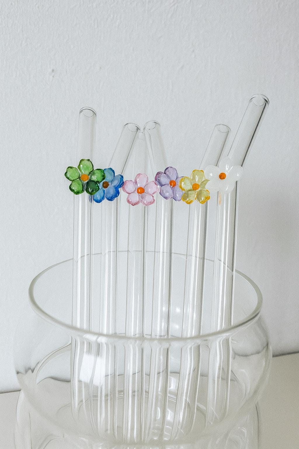 Cannucce di vetro con motivo floreale | Cannucce di vetro riutilizzabili | Cannucce da cocktail colorate | Idea regalo e decorazione estiva, fiori