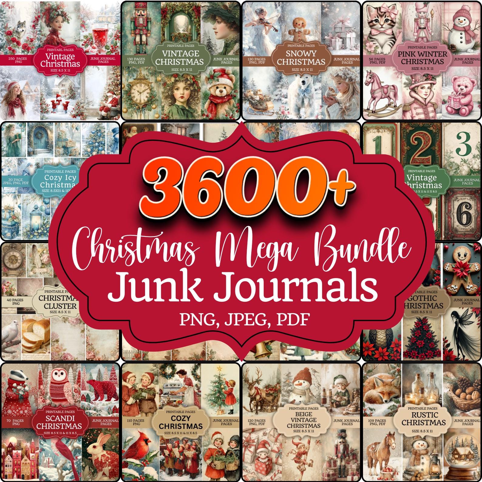 Mega Bundle di Natale: oltre 3600 kit stampabili di Junk Journal, carta per scrapbooking digitale con effimeri elementi natalizi vintage