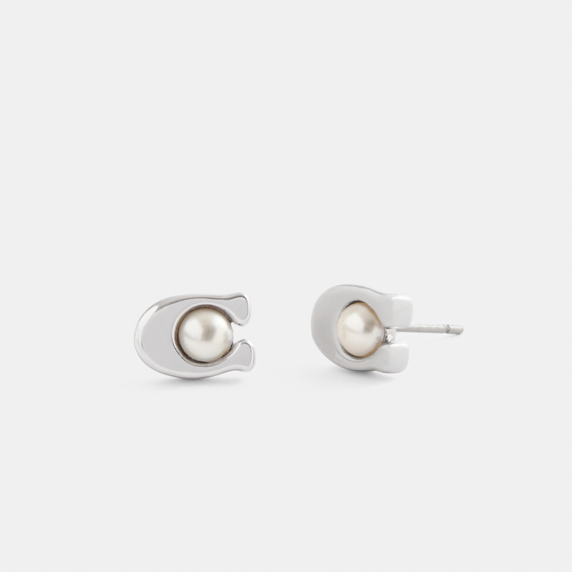 Coach Womens Signature Pearl Stud Earrings - Silver Metal - One Size | Coach Sale | Discount Designer Brands