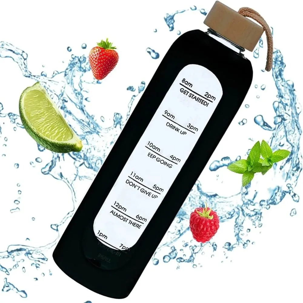 Neue zeitmarkierte Glas-Wasserflaschen mit Bambusdeckel, Sport-Getränkeflasche mit Silikonhülle, frei von Bleisport-Wasserbecher Image