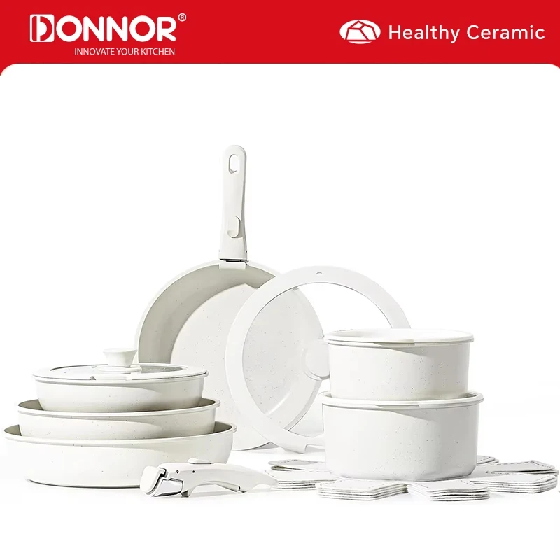DONNOR 17 pièces ensemble de casseroles et poêles ensemble d'ustensiles de cuisine antiadhésives avec poignée amovible ensembles d'ustensiles de cuisine à Induction ustensiles de cuisine RV sains