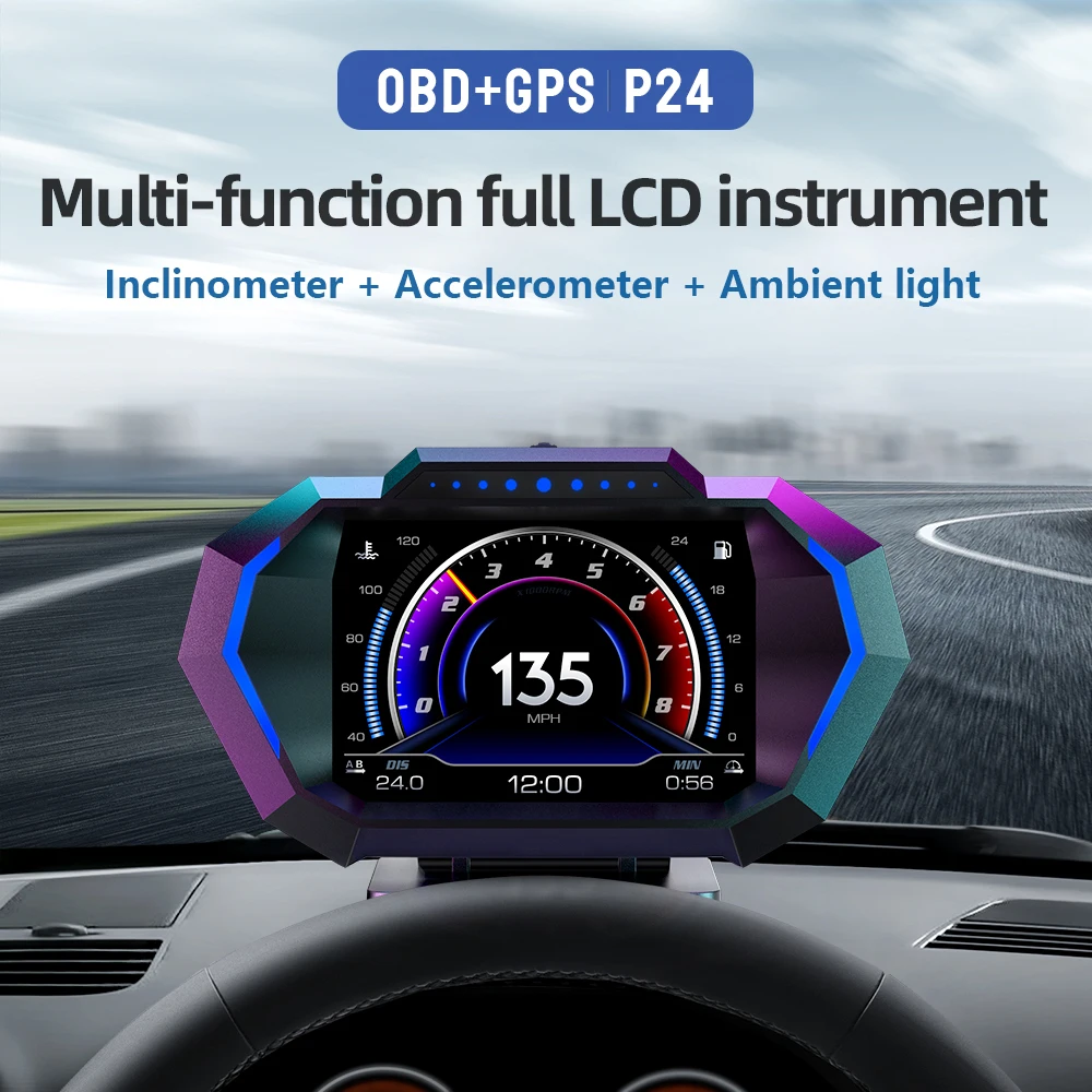 OBD + GPS HUD P24 Auto OBD Head Up Display HUD an Bord Computer Digital Tachometer Wasser Temp Kraftstoff Verbrauch Neigung meter Image