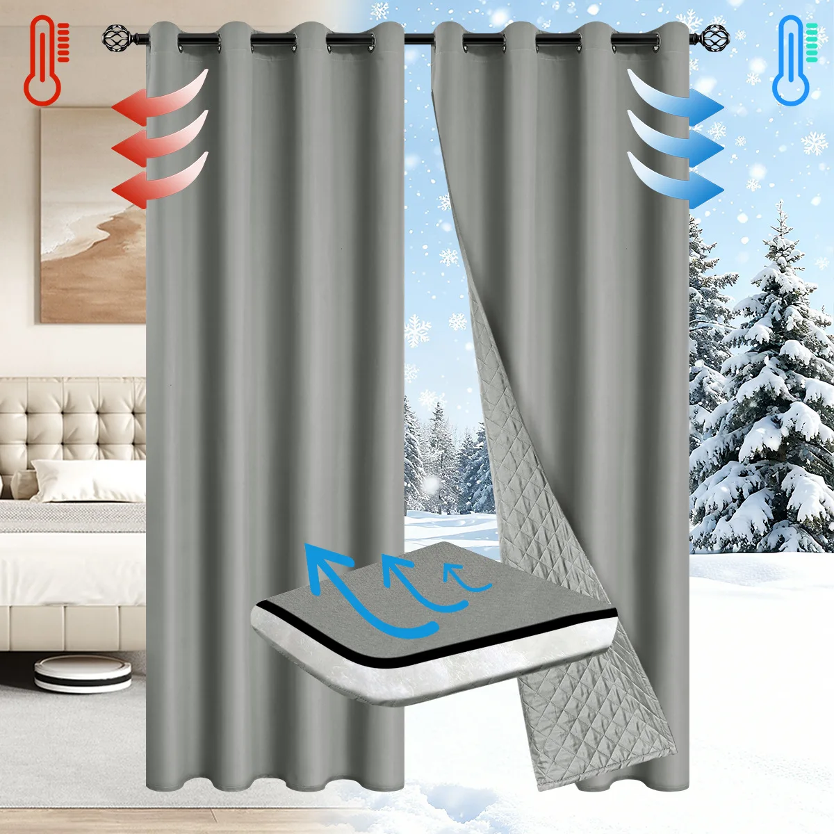 1 Panel einfarbiger Wintervorhang, 100 % Verdunkelungs-warme Vorhänge für Wohnzimmer, Schlafzimmer, fügen Sie Baumwollvorhänge mit Ösen oben hinzu Image