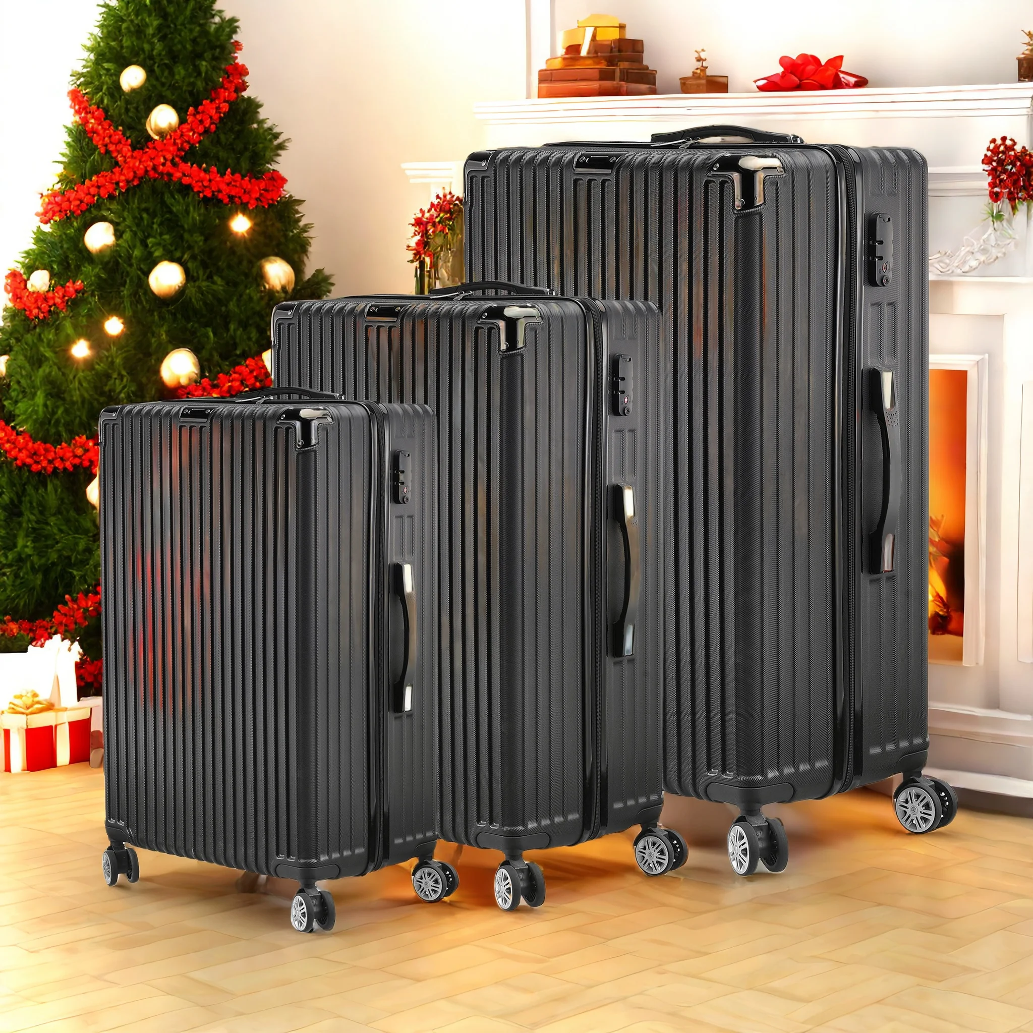 Set di valigie rigide da 3 pezzi, trolley da viaggio, set di valigie da viaggio, set di trolley con lucchetto TSA e 4 ruote, valigia con rotelle, set di valigie, nero (M, L e XL)