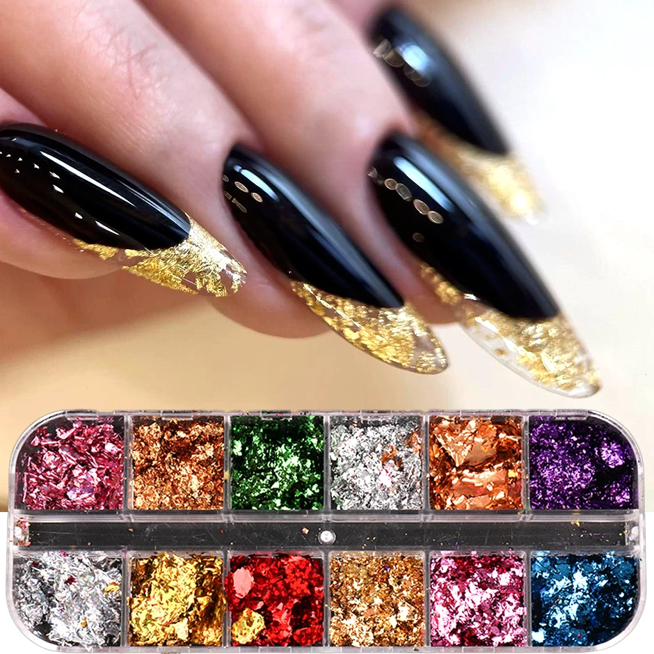 12 Grids Holographische Gold Folien Nagel Flocken Splendor Blatt Handwerk Unregelmäßige Aluminium Paillette DIY Polnischen Dekoration Glitter LYS45 Image
