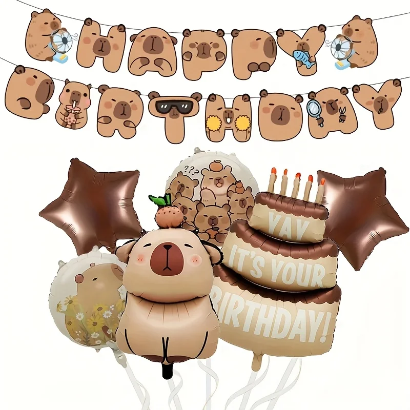 7-teiliges Set mit Capybara-Motiv, Geburtstagsparty-Dekorationen, Cartoon-Tier-Aluminiumfolienballons, niedliches Happy Birthday-Buchstabenbanner Image