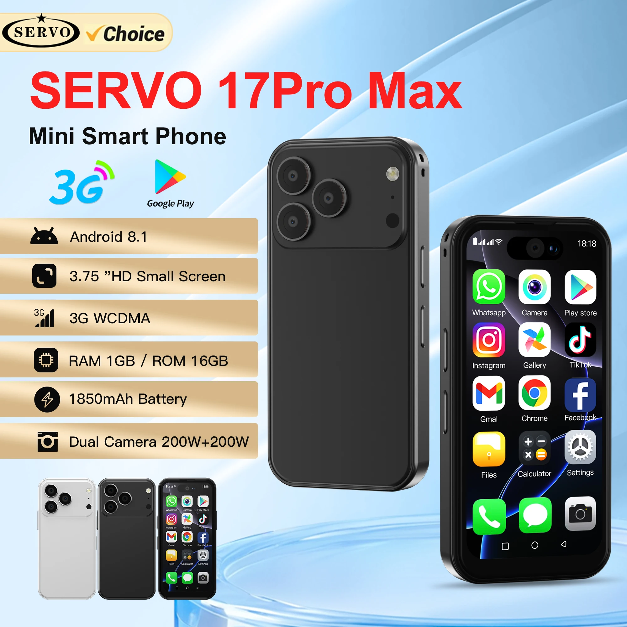 SERVO 17PRO MAX Android Mini Smartphone 3G WCDMA Dual SIM Standby 16GB ROM Play Store WiFi 3,75" Bildschirm Niedliche kleine Mobiltelefone Image
