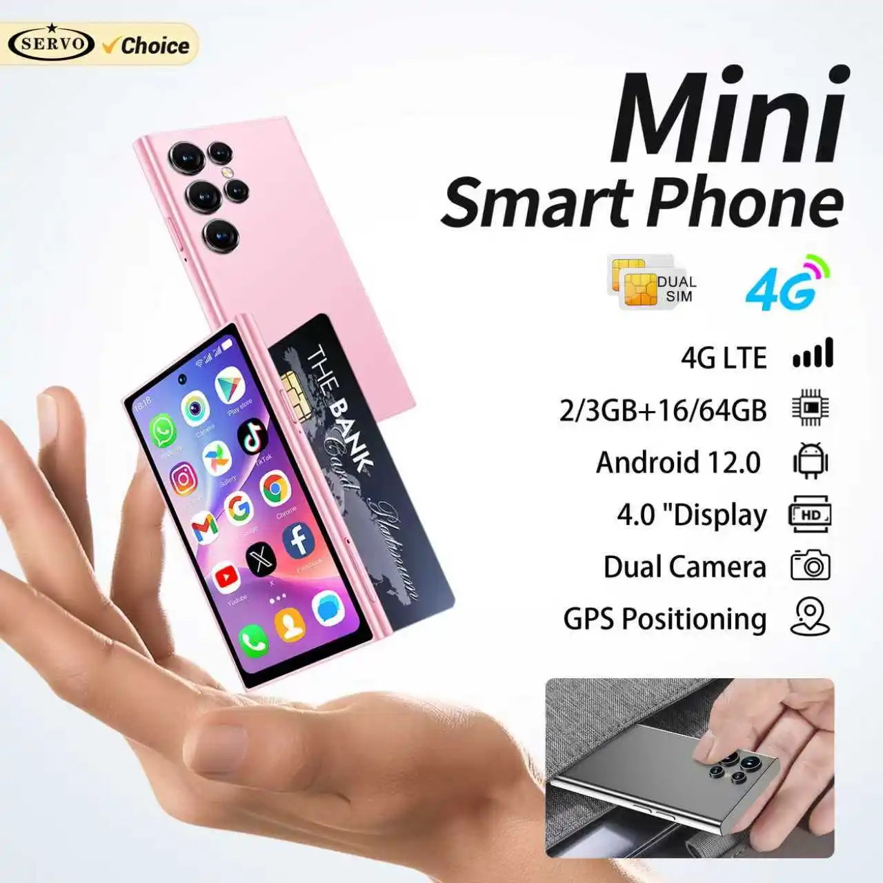 SERVO S27 MINI 4G LTE Niedliches Smartphone Android 12.0 OS 16 GB/64 GB ROM Play Store GPS 4,0-Zoll-Bildschirm Kleine Smartphones 2 SIM-Standby