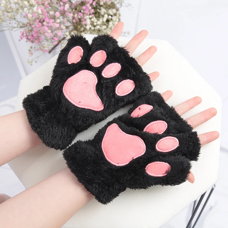 Neue Kawaii Frauen Warme Katze Handschuhe Mode Mädchen Katze Klaue Pfote Plüsch Fäustlinge Weiche Plüsch Kurze Fingerlose Halbe Finger Winter Handschuhe Image