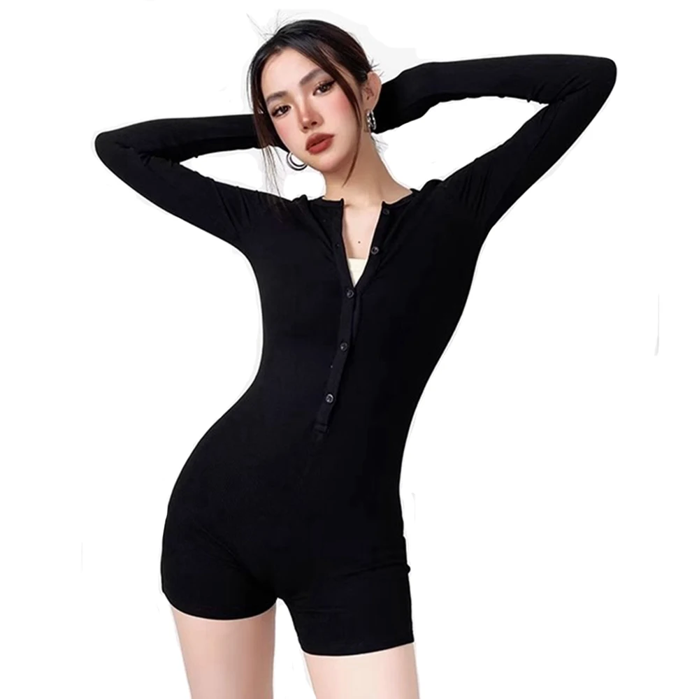 Kurze Jumpsuits für Damen, schmale Passform, Stretch, einteilig, Yoga-Playsuits, Langarm-Strampler, sexy Fitness, Basic-Knöpfe, Sportbekleidung Image
